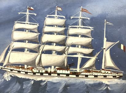 Huile sur panneau, 4 mats barque «DUNKERQUE»...