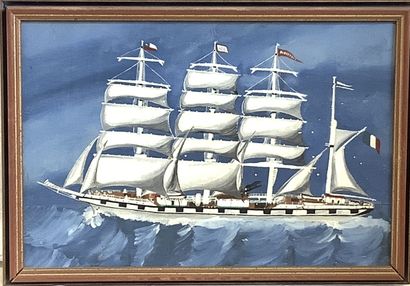 Huile sur panneau, 4 mats barque «DUNKERQUE»...