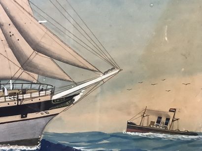 Aquarelle et caseine, cap-hornier 4 mats...