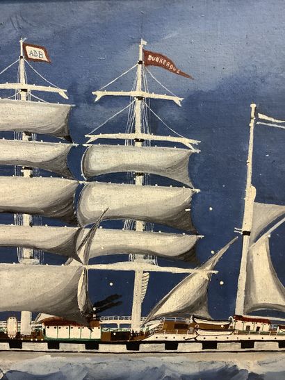 Huile sur panneau, 4 mats barque «DUNKERQUE»...