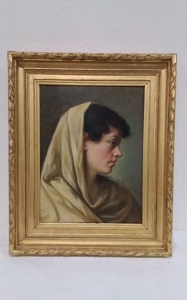 Huile sur toile, portrait d’une jeune femme...