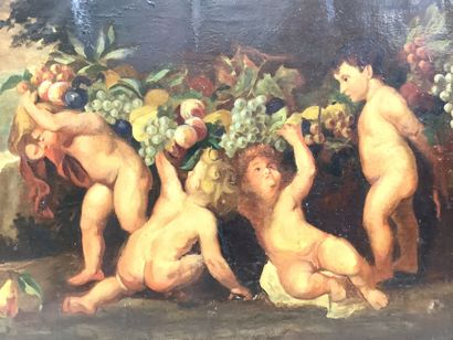 Huile sur toile, panneau décoratif figurant...