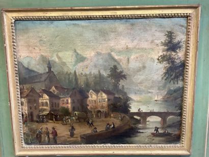 Grand trumeau XIXème bois et toile, à décor...