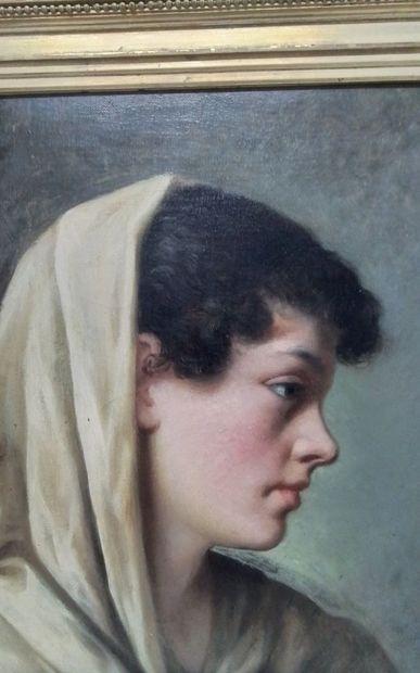 Huile sur toile, portrait d’une jeune femme...
