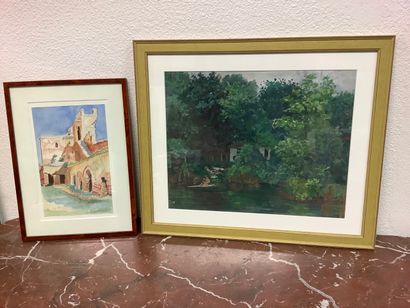 Lot comprenant une gouache représentant un...