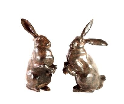 Pair of bronze hares, standing on their hind...