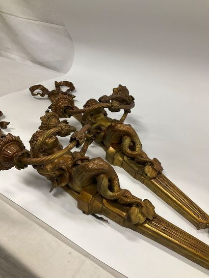 Pair of bronze sconces decorated with a mermaid...