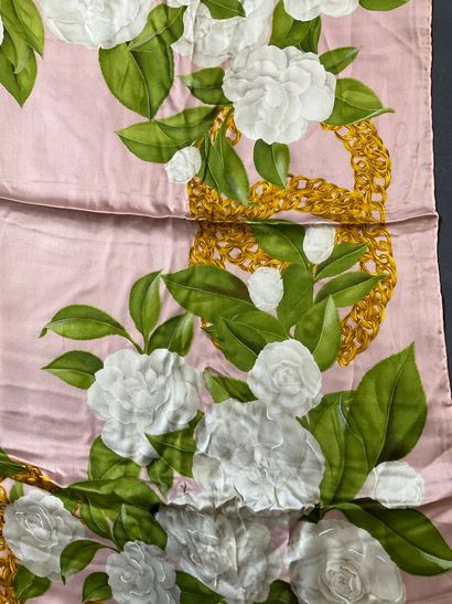 Pink Chanel scarf decorated with white camellias...