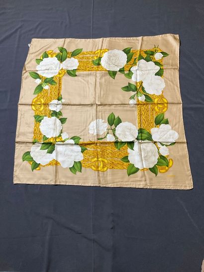 Beige Chanel scarf with white flowers and...