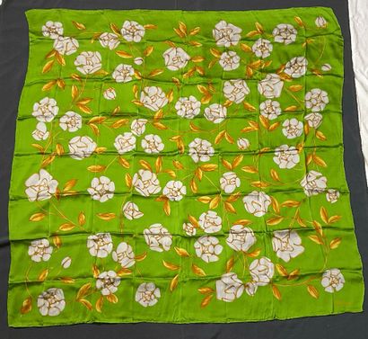 Large green Chanel silk scarf with floral...