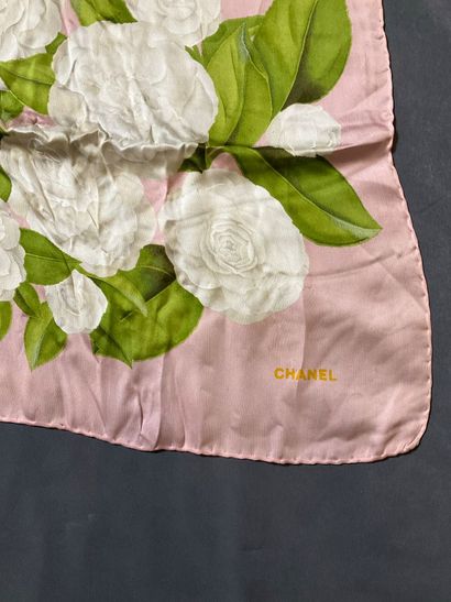 Pink Chanel scarf decorated with white camellias...