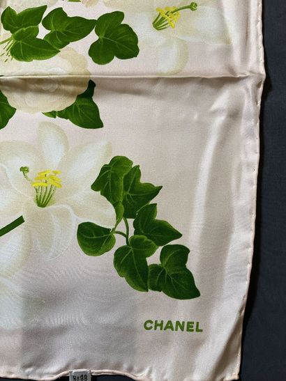 Chanel square in pale pink silk with white...