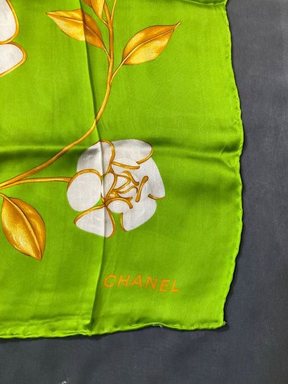 Large green Chanel silk scarf with floral...