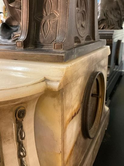 A late 19th century mantel clock. White marble...