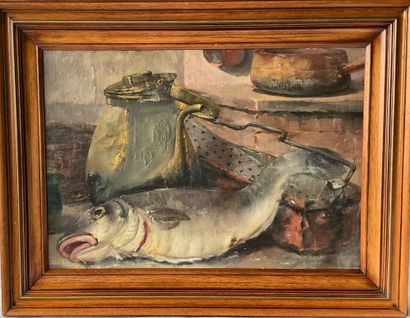 An oil on canvas, unsigned, still life: fish...