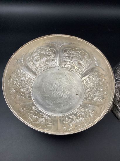 Large Asian-style silver-plated metal pot...