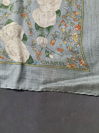 Chanel silk scarf, blue-gray with white flowers...