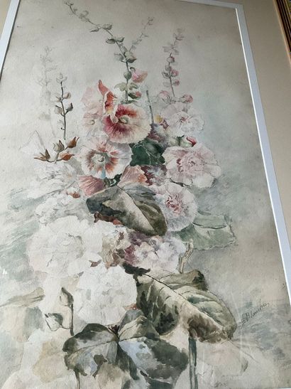 J.E. BLANCHE, Watercolor, bouquet of hollyhocks,...