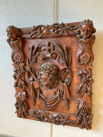 Wooden bas relief, Christ and angels. 
Decorated...