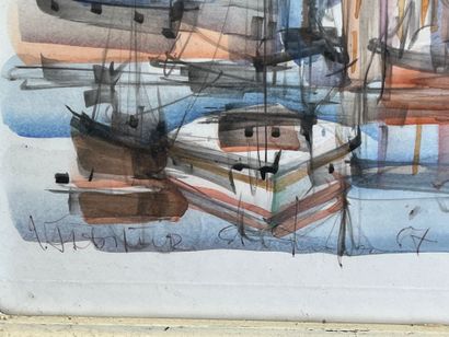 View of the port of St Tropez. Ink painting...