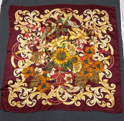 Chanel Bordeaux scarf with floral and arabesque...