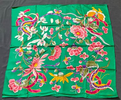Chanel scarf in green silk with multicolored...