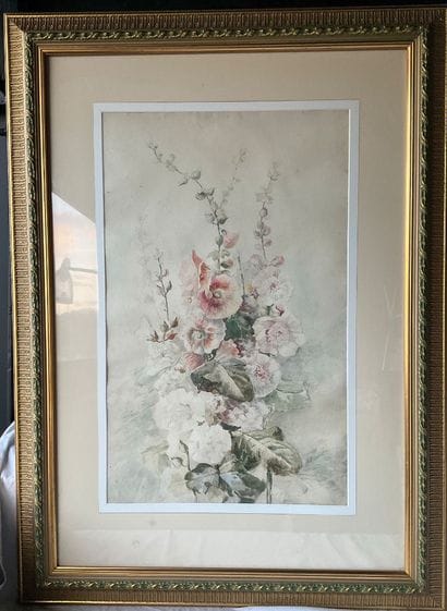 J.E. BLANCHE, Watercolor, bouquet of hollyhocks,...
