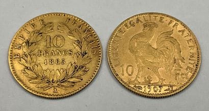 Deux pièces de 10 francs or, un Napoléon...