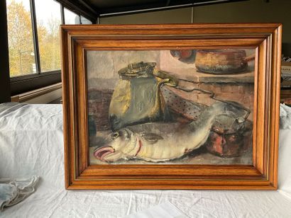 An oil on canvas, unsigned, still life: fish...