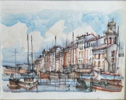 View of the port of St Tropez. Ink painting...