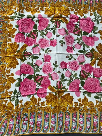 CHRISTIAN DIOR gold silk scarf with roses...