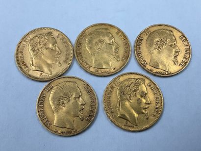 Cinq pièces de 20 francs Napoléon III. Poids...
