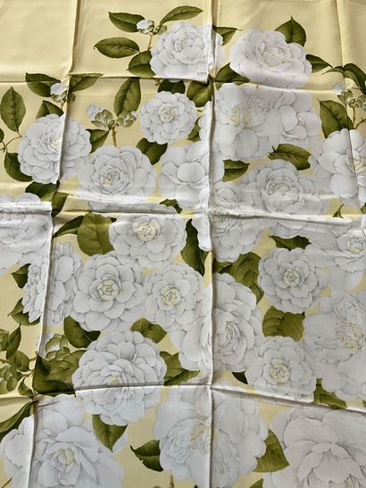 Chanel silk square, light yellow with camellia...