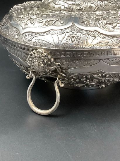 Large Asian-style silver-plated metal pot...