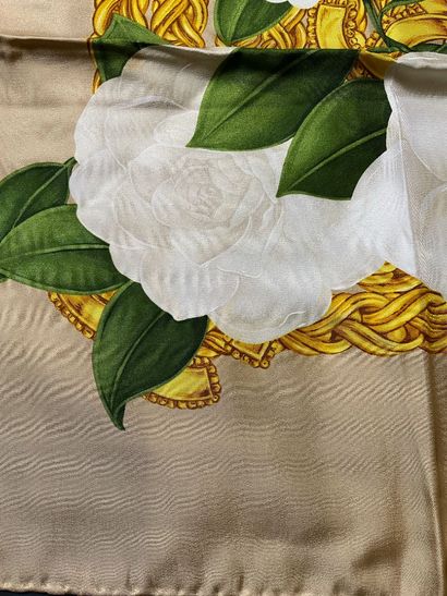 Beige Chanel scarf with white flowers and...