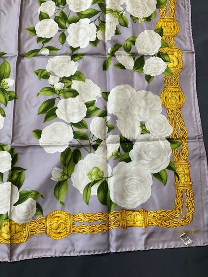 Chanel grey scarf, 100% silk with floral...