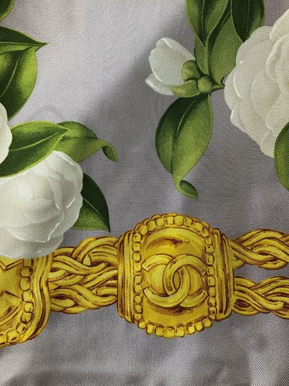 Chanel grey scarf, 100% silk with floral...