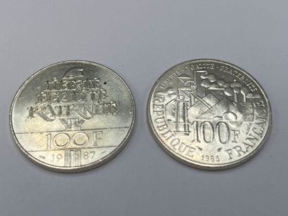 2 pièces de 100 francs en argent, 1985 et...