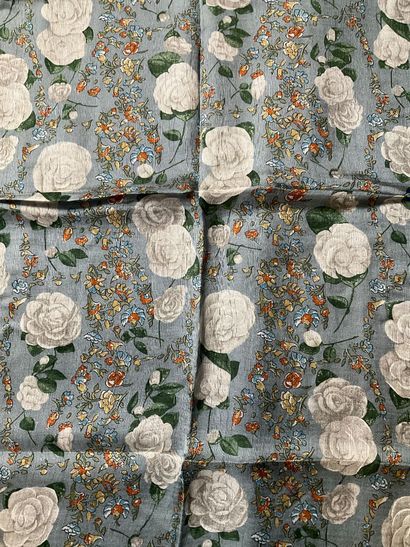 Chanel silk scarf, blue-gray with white flowers...