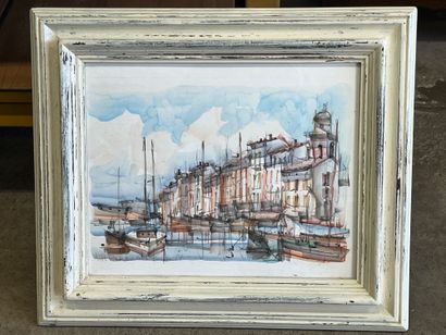 View of the port of St Tropez. Ink painting...