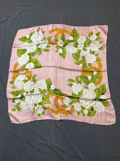 Pink Chanel scarf decorated with white camellias...