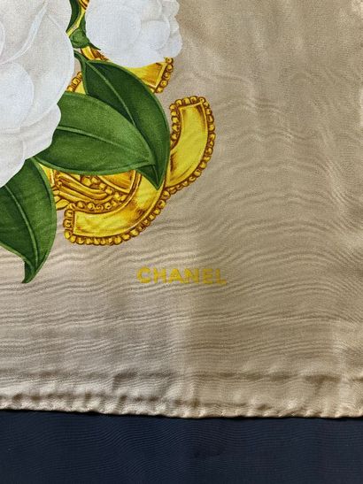 Beige Chanel scarf with white flowers and...