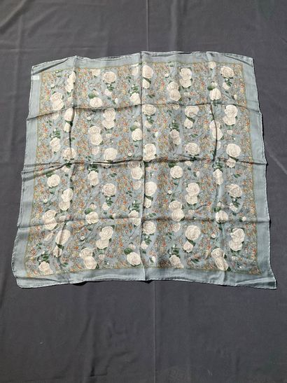 Chanel silk scarf, blue-gray with white flowers...