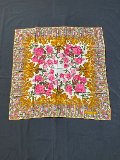 CHRISTIAN DIOR gold silk scarf with roses...