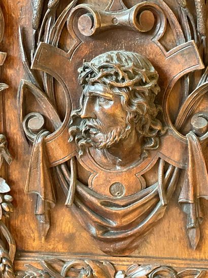 Wooden bas relief, Christ and angels. 
Decorated...