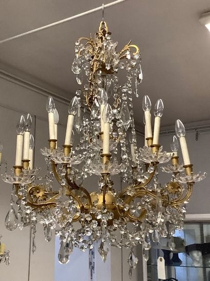 Large chandelier with crystal pendants and...