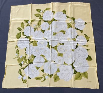 Chanel silk square, light yellow with camellia...