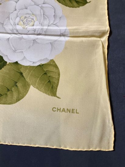 Chanel silk square, light yellow with camellia...