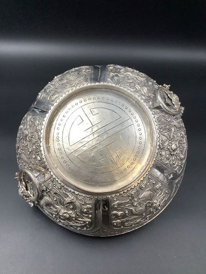 Large Asian-style silver-plated metal pot...