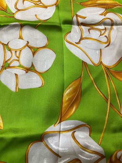 Large green Chanel silk scarf with floral...
